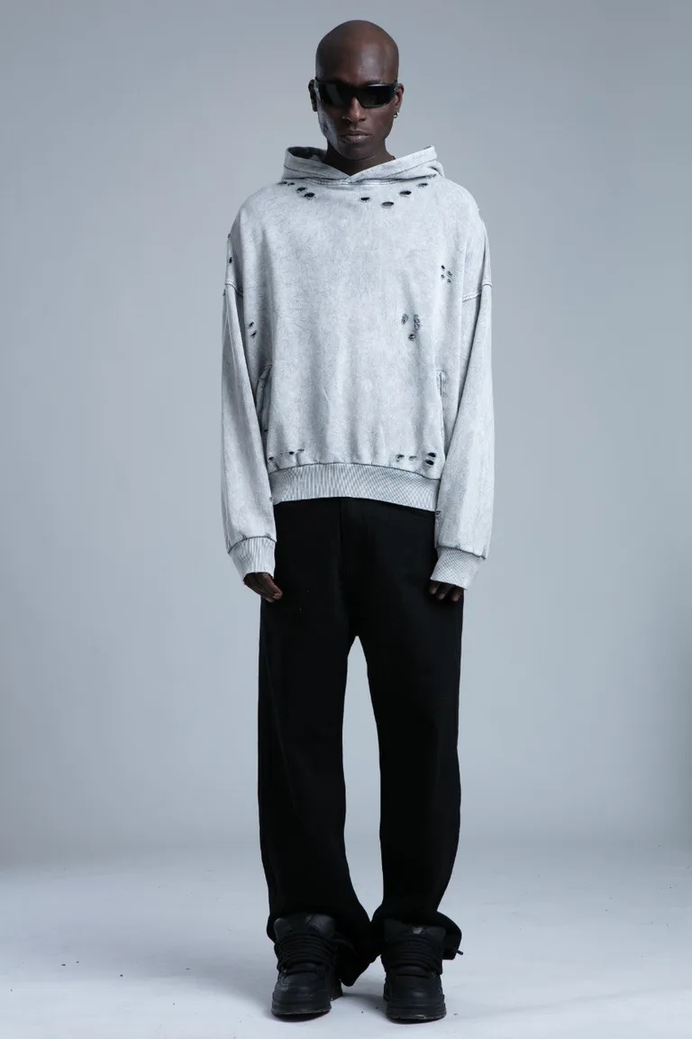 Hanorac Oversize cu Glugă și Detalii Distressed — imaginea 2