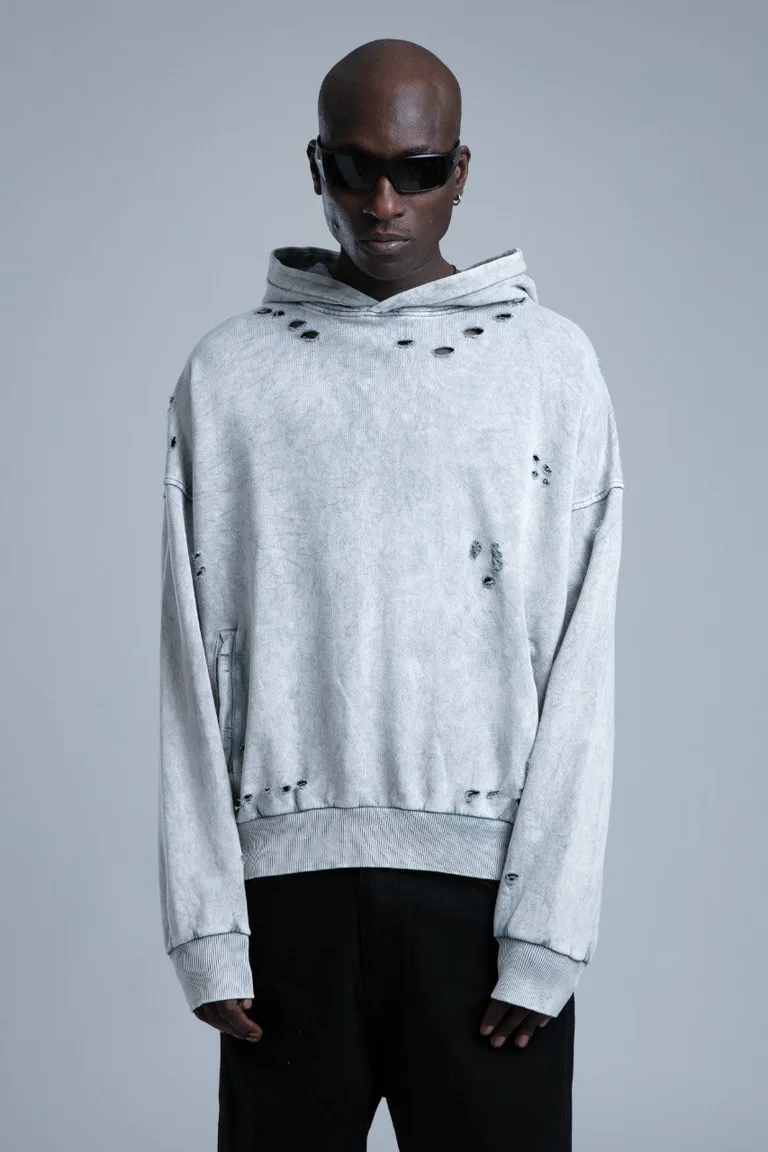 Hanorac Oversize cu Glugă și Detalii Distressed