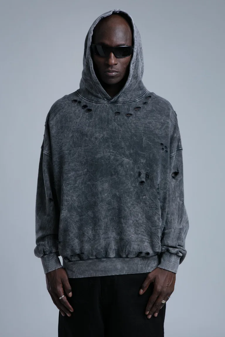 Hanorac Oversize cu Glugă și Detalii Distressed