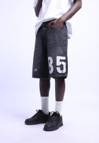Bermude denim negre washed cu print B5