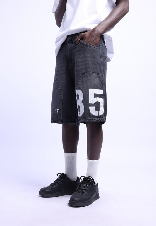 Bermude denim negre washed cu print B5